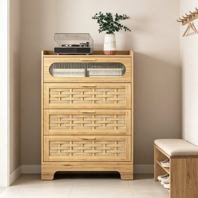 Dresser 4-Drawer Wood Storage Cabinet, Woven Wood Chest with Acrylic Display Door & Gold Handles, Modern Organizer for Bedroom, Nursery, Living Room & Entryway