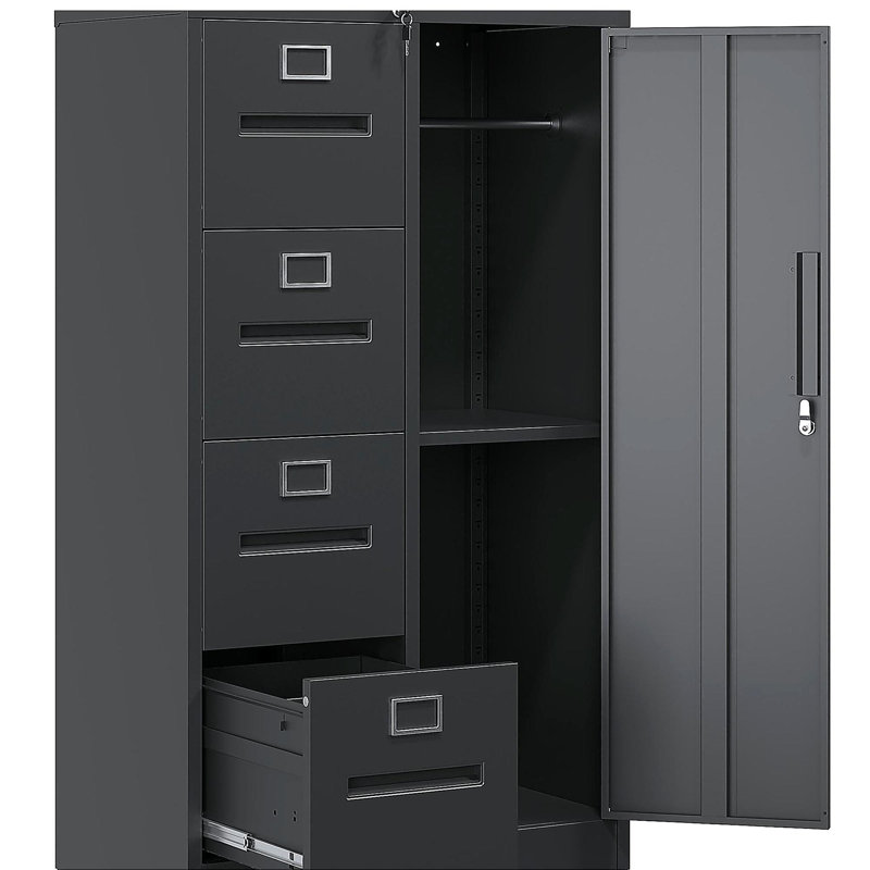 Metal Storage Vertical Filing Cabinet with Lock, Steel File Locker with 4 Drawers and 1 door, Black