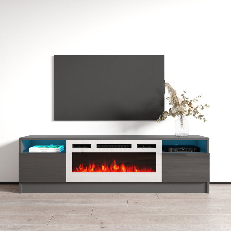 63" Modern TV Stand with Electric Fireplace, High Gloss Finish, Media Storage, Gray