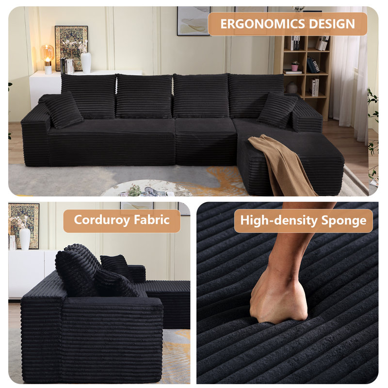 Canapé modulaire Boneless, Orienté à gauche (vu de face), Velours côtelé noir