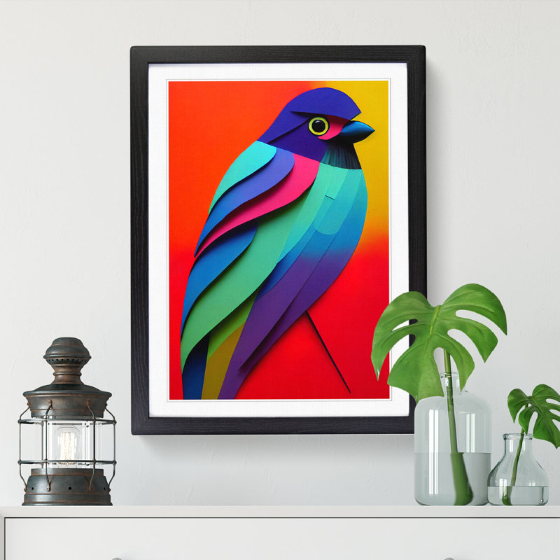 FRM-V0523-238X Bird Crayon - Single Picture Frame Print, 34cm H x 25cm W x 2cm D, Walnut Framed