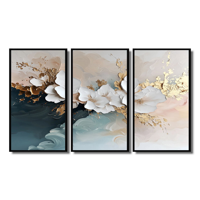 «White Gold Floral Brushstroke», peinture abstraite V - ensemble d'art mural abstrait, Toile avec cadre flottant noir