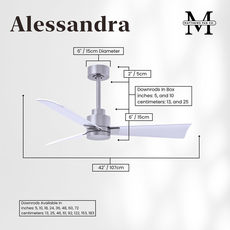 Alessandra Outdoor Downrod Ceiling Fan, Matte White, Brushed Nickel