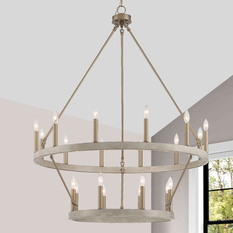 Daromir 20 - Light Dimmable Wagon Wheel Chandelier, Driftwood/Brass Dust