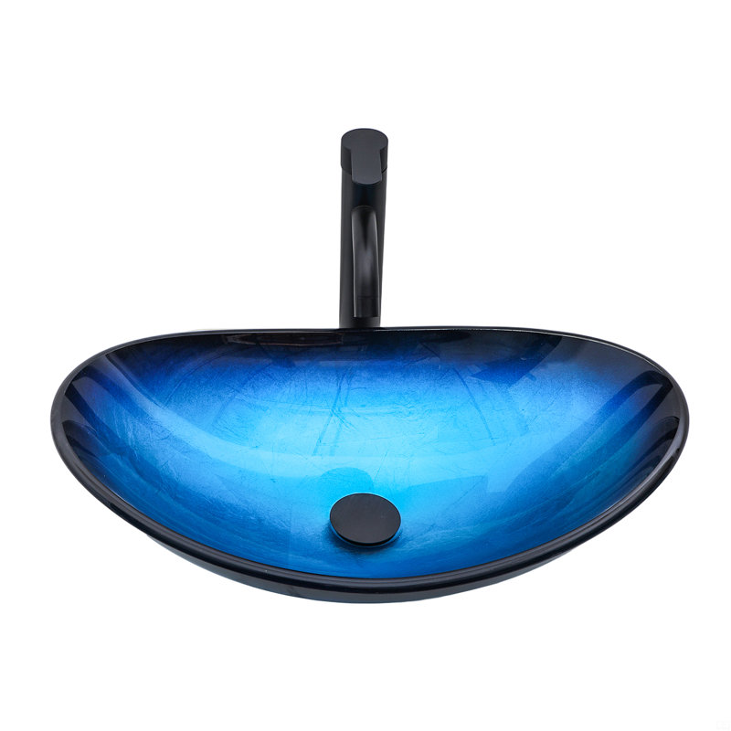Lavabo de salle de bain vasque en verre trempé avec bonde escamotable noire (sans robinet), Bleu