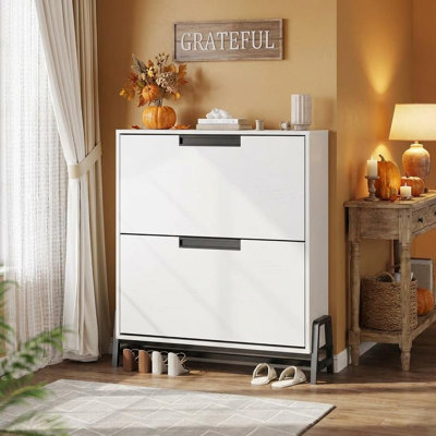Shoe Storage Cabinet with 2 Flip Drawers, Freestanding Shoe Organizer with Metal Legs, Narrow Shoe Rack Cabinet for Entryway, Foyer, Hallway, Living Room