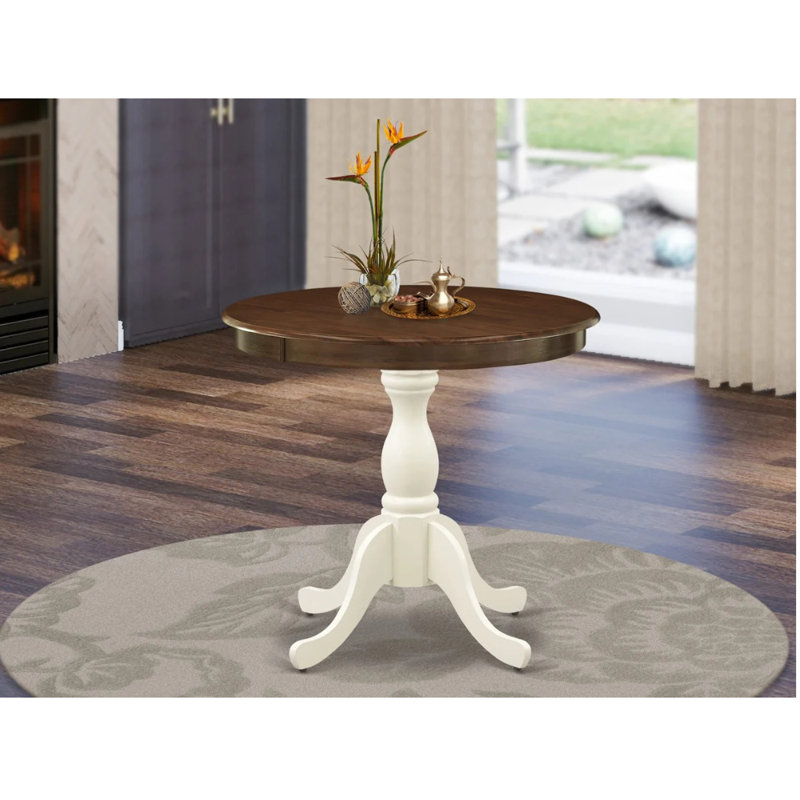Table de salle à manger Antique - Plateau rond en noyer antique avec base piédestal, Lin blanc, Noyer