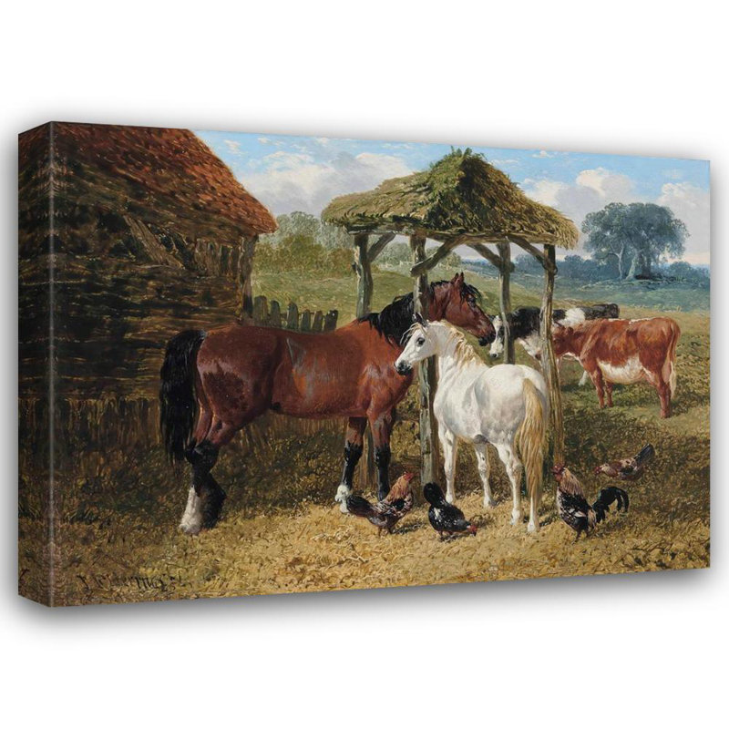 "Chevaux, vaches et poulets dans une basse-cour" par John Frederick Herring Jr. - Art mural sur toile tendue avec châssis