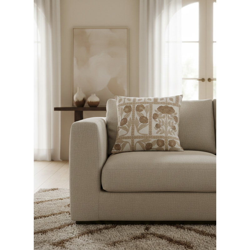 Warm Beige Blossom Field Linen Pillow 20x20 with Down Insert