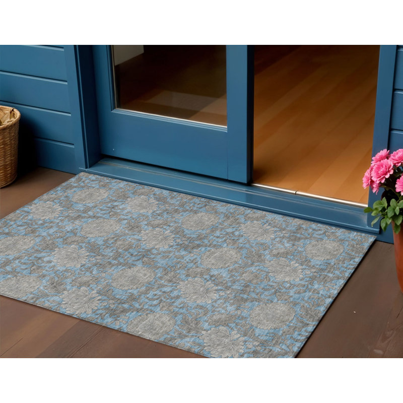3' X 5' Blue Gray And Silver Floral Washable Indoor Outdoor Area Rug