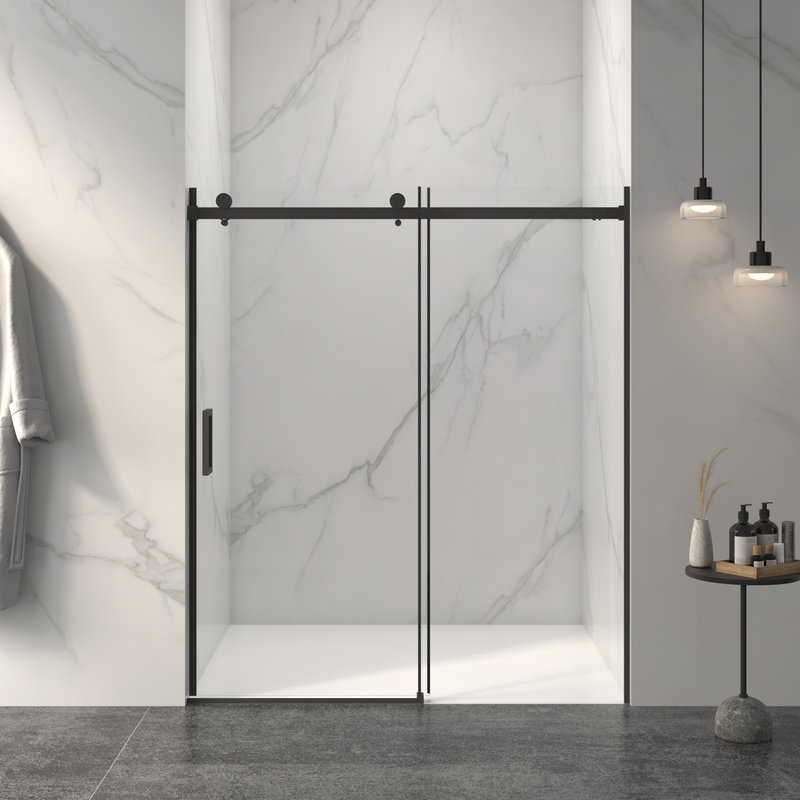 Frameless Sliding Shower Door with Tempered Glass and Easy-Clean Coating, Black