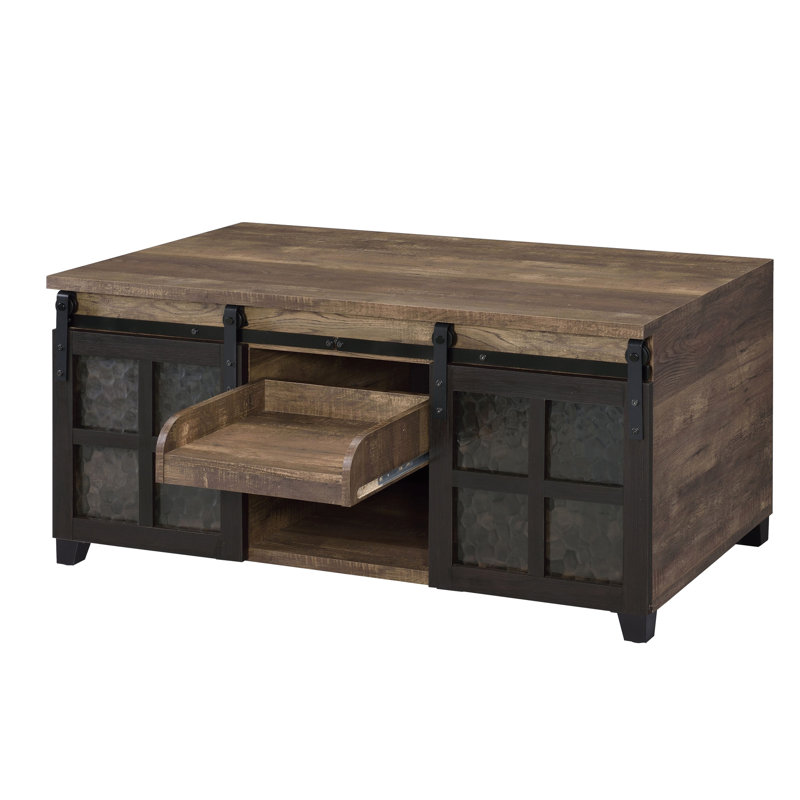 Table basse en chêne noir rustique rehaussée de métal avec portes coulissantes, choix et option de rangement tendance