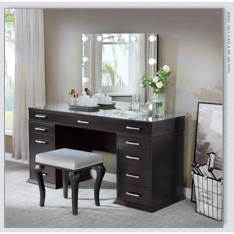 Ensemble de coiffeuse Glam Style avec plateau en verre de 8 mm, tiroirs de rangement, miroir à DEL et tabouret rembourré pour les chambres à coucher modernes