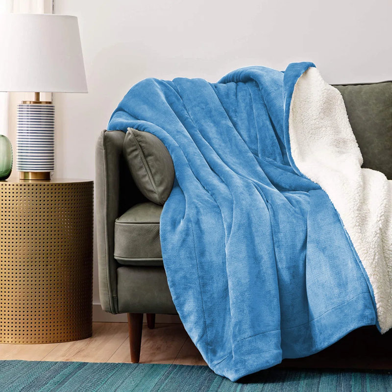 Super Soft Sherpa Fleece Fur Thick Dual Sided Flannel Reversible Blanket Throw, Sky Blue, Double 150cm x 200cm