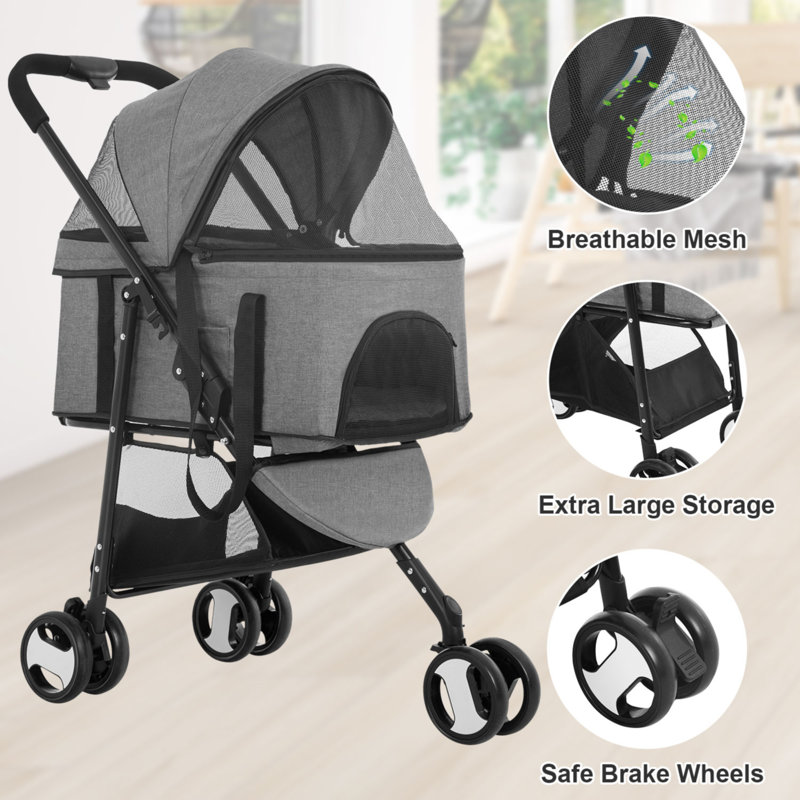 Gray 3-in-1 Multifunction Pet Stroller with Detachable Carrier