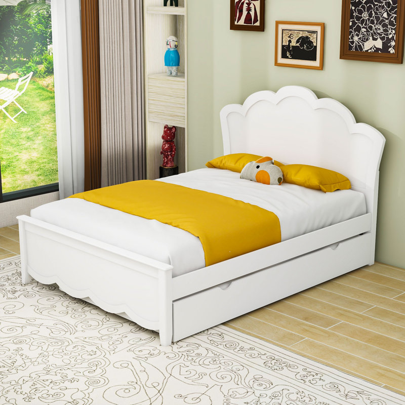 Lit plateforme en bois avec tête de lit et lit gigogne escamotable, Double