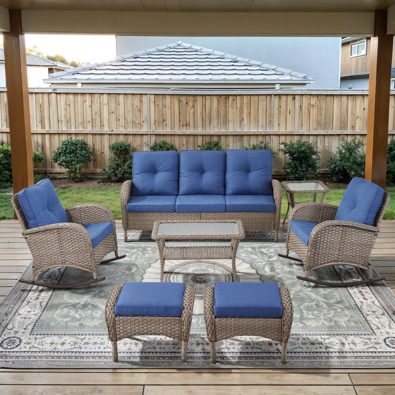 7-Pieces Outdoor Courtyard Wicker Sofa Conversation Set With Rocking Chairs, Blue, Gray
