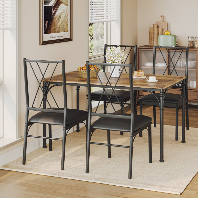 Ensemble de table de salle à manger 5 pièces pour 4 personnes, ensemble de table et chaises de cuisine industrielle rétro avec cadre en métal, ensemble de table en bois aggloméré peu encombrant pour salle à manger, brun rustique