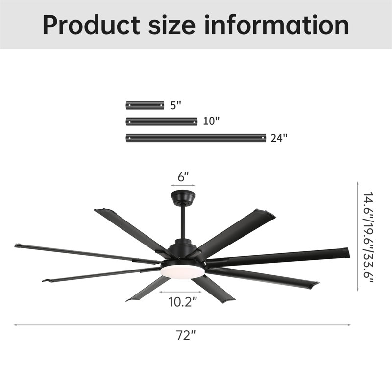 72 Inch Modern Large Design Ceiling Fans With Smart Remote Control 6 Wind Speed DC Motor Black For Living Room, 72 Wide