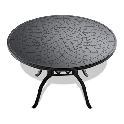 Ø47.24-inch Cast Aluminum Patio Dining Table With Black Frame and Carved Texture on the Tabletop 