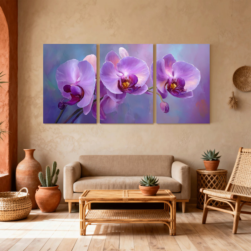 Plantes et fleurs, orchidée mauve, ensemble de 3 reproductions d'art sur toile, H 18 po x l 36 po