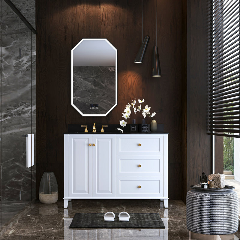 Hannah 48'' W Single Vanity, Black, White/Brushed Gold, Left