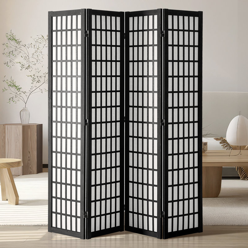 Room Divider, Japanese Room Divider, Wood Folding Privacy Screen Indoor, Japanese Partition Dividers, 4, Noir / blanc