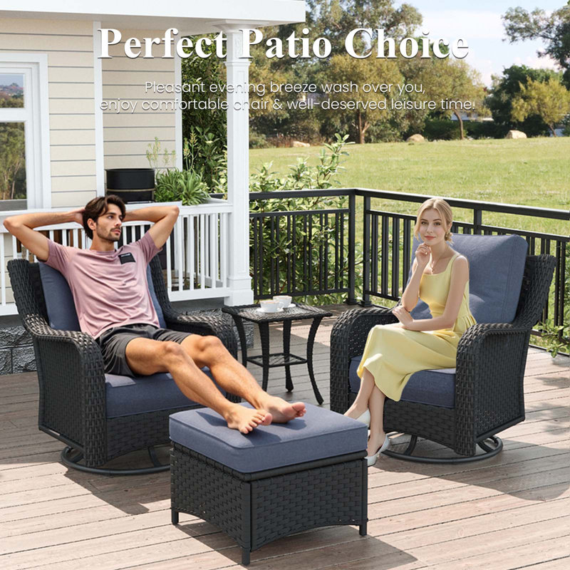  3 Piece Wicker Outdoor Furniture Set with 6-inch Comfy Cushions, High Back Patio Furniture Set with Swivel Rocking Chairs and Side Table
