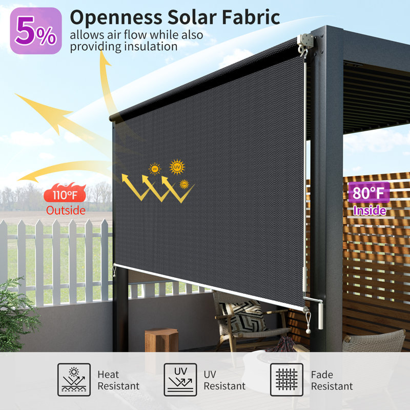 Semi-sheer Outdoor Roller Shade, 84"W x 96"L, Black