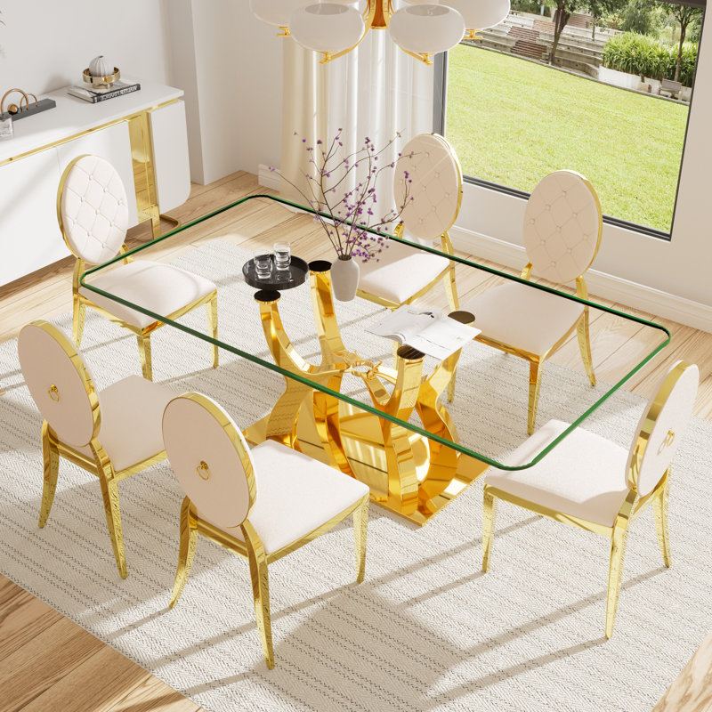 Ensemble de table de salle à manger rectangulaire en verre trempé avec chaise Luxtury, Beige, 7
