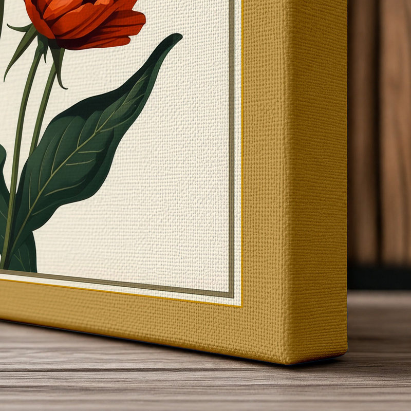 Three Gerbera Bloom Botanical - Wrapped Canvas, 30x20 - 76.2 x 50.8 cm, Ochre Border