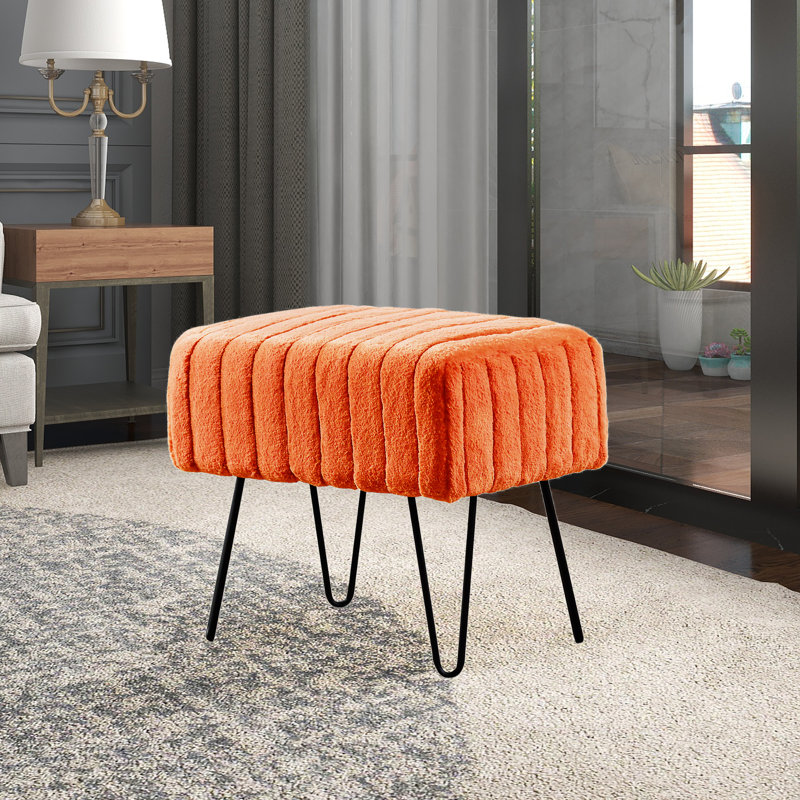 Defranco Upholstered Ottoman, Orange Faux Fur