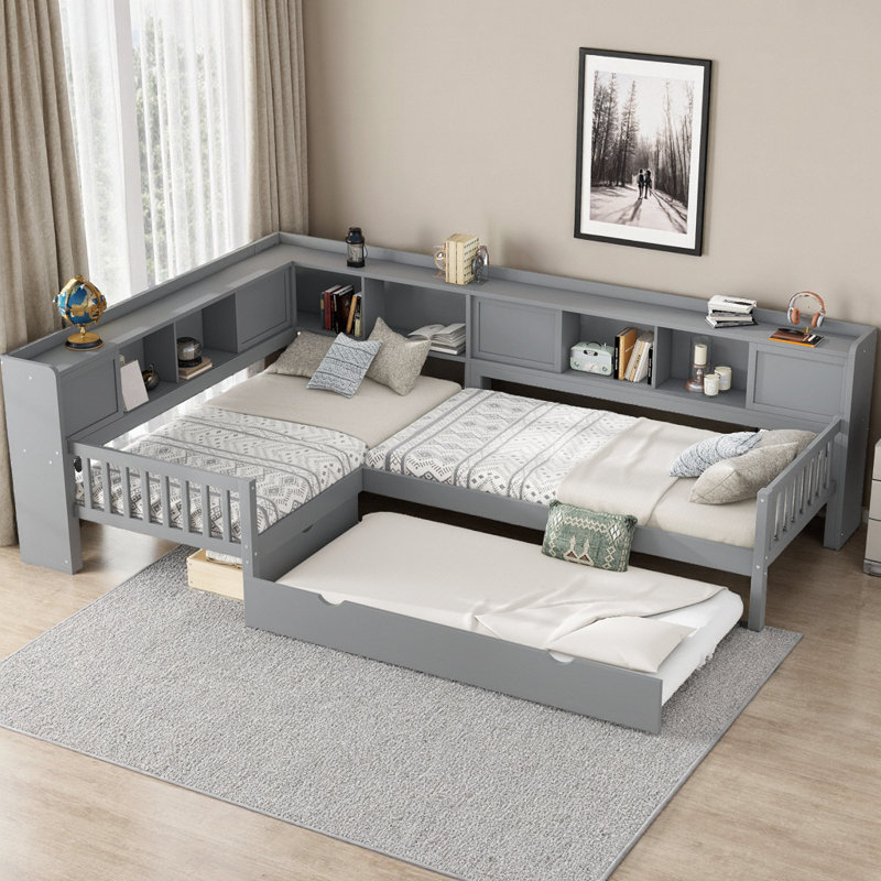 Lit plateforme simple en L avec lit gigogne et rangement, structure de lit d'angle en bois massif avec tiroirs et tablettes, lit simple peu encombrant, aucun sommier nécessaire