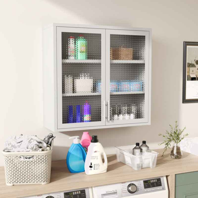 Wall Mounted Storage Cabinet with Hazy Glass Doors and 2 Adjustable Shelves, White