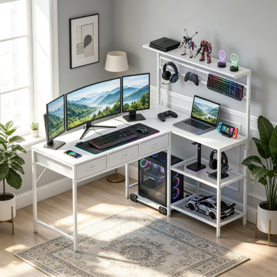 L Shaped Gaming Desk with LED Lights & Power Outlet