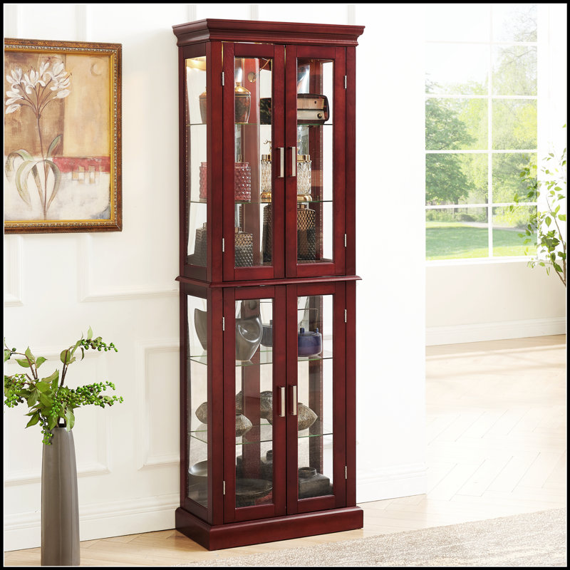 Curio Cabinet Lighted Curio Display Cabinet with Adjustable Shelves and Mirrored Back Panel for Elegant Home Decor, Cherry