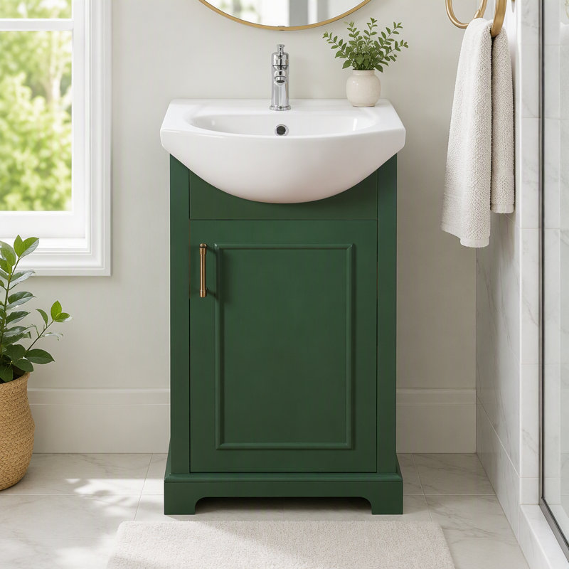 Meuble-lavabo de salle de bain avec lavabo en céramique bombé et porte à fermeture en douceur, Green