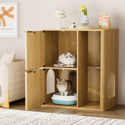 Litière pour chat 31,5 pouces avec deux portes et un arbre pour un confort félin dans une armoire à animaux en bois multi-vie