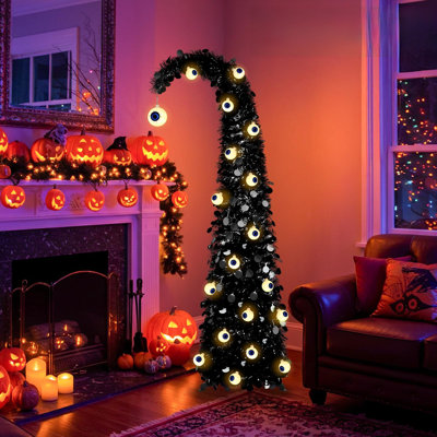 Halloween Christmas Tree 5FT Black, Eyeball String Lights Pop Up Tinsel Tree, Collapsible Indoor Outdoor Decor For Xmas Halloween Party