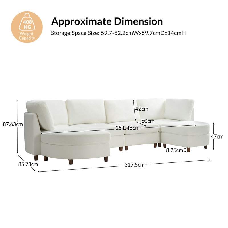 Johannes 251.46cm 6-Seater Chenille Corner Sofa with Under-Seat Storage, Ivory