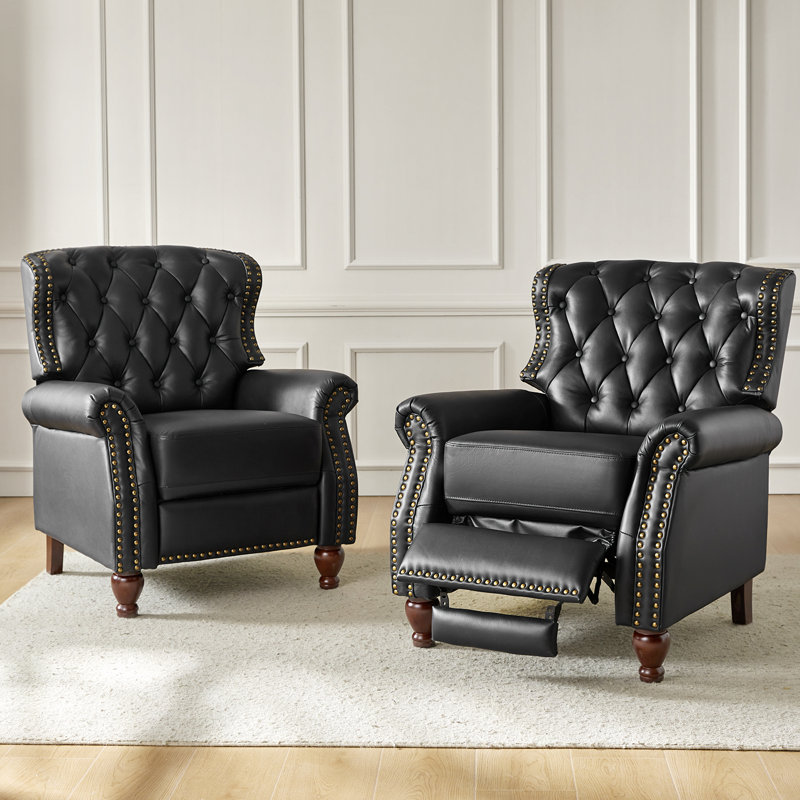 Amaira 34.5'' Wide Genuine Leather Manual Wing Chair Recliner (Set of 2), Black 