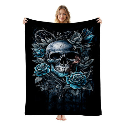 Plaid en flanelle polaire JYK pour l'Halloween, léger, respirant, doux, chaud et confortable en microfibre en peluche, 76 x 102 cm, motif crâne et roses bleus
