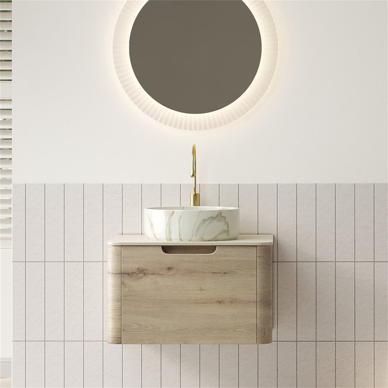 Meuble-lavabo 24 po avec lavabo, armoire de rangement flottante en contreplaqué avec tiroir, cuve en céramique avec motif en pierre et plateau en pierre frittée à motif travertin, pré-assemblé