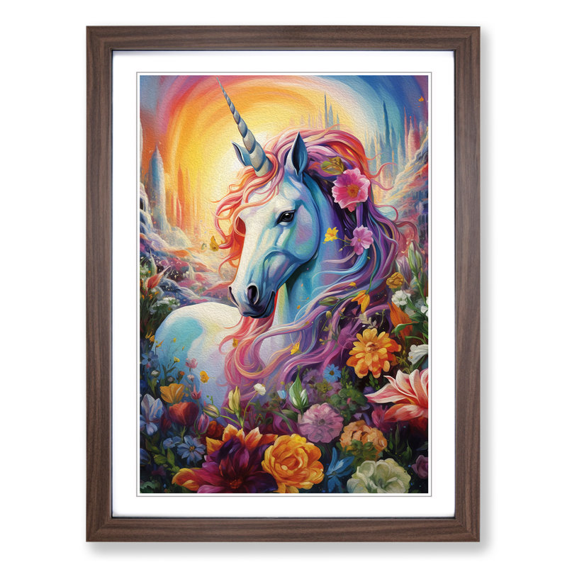 Unicorn Colour Field - Single Picture Frame Print on Wood, Walnut Framed, 64cm H x 46cm W