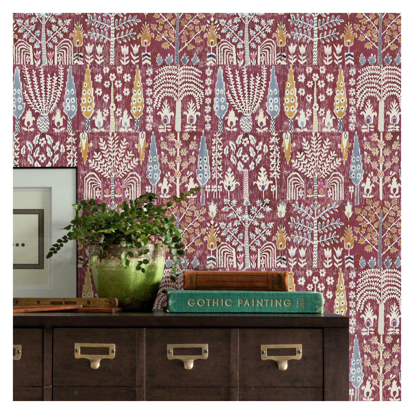 Modern Peel & Stick Ikat Wallpaper, Red/Yellow
