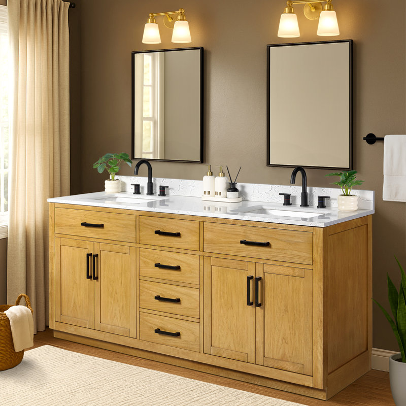 72'' Double Bathroom Vanity with Drawers, Shelf, Outlet, and Engineered Marble Top, 72'', Light Brown Oak