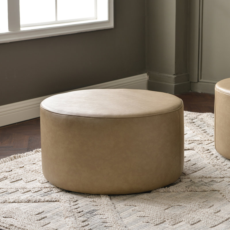 24" Wide Faux Leather Round Upholstered Ottoman, Khaki