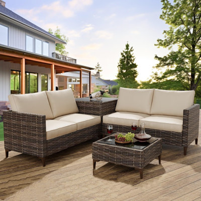4-Piece All-Weather PE Rattan Patio Sectional Furniture Set With Loveseat Sofa, Coffee Table With Storage