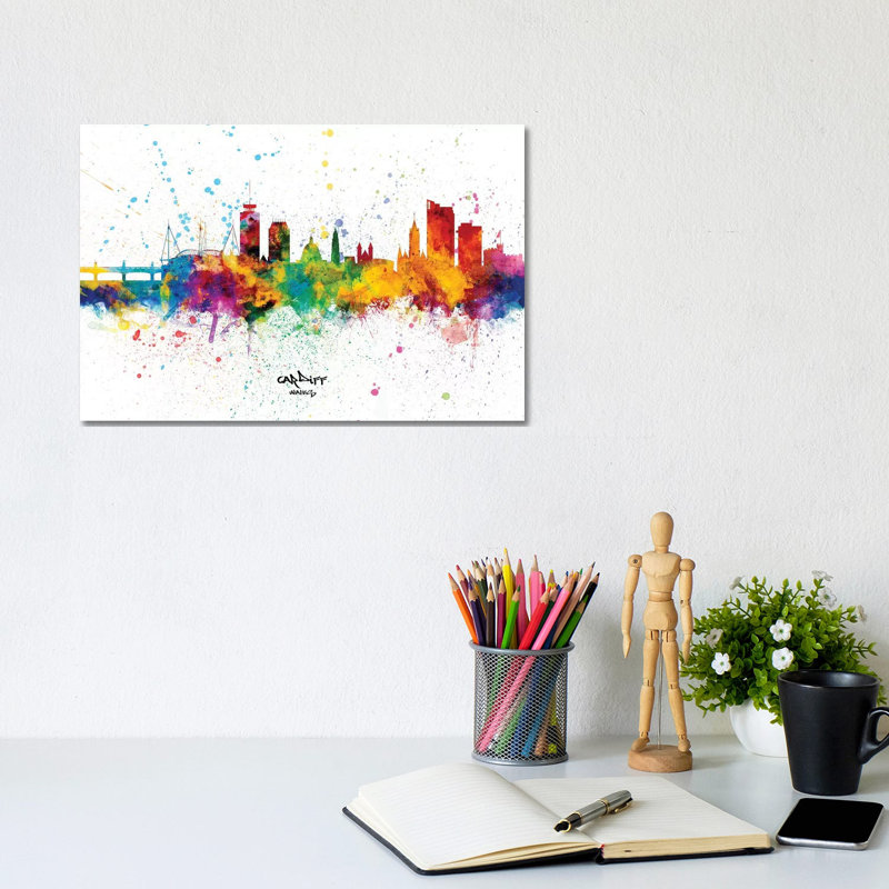 Cardiff Wales Skyline Splash by Michael Tompsett - Wrapped Canvas Print, 20.32 cm H x 30.48 cm W