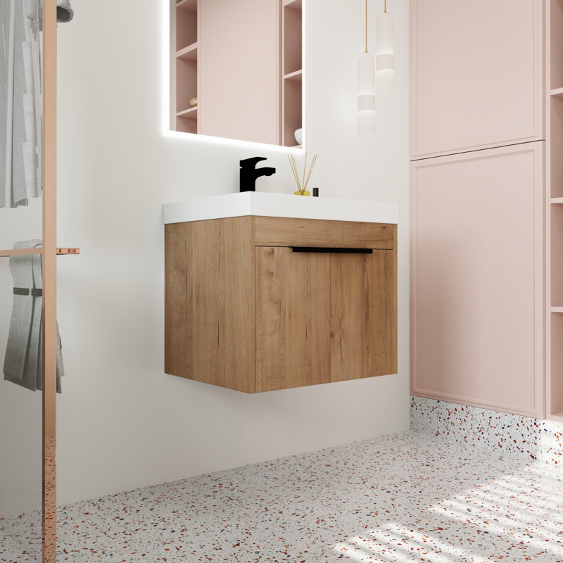 Ensemble de meuble-lavabo mural simple 23,94 po avec plateau en résine Rakhee